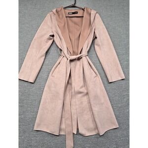 Zara Womens Faux Suede Hooded Trench Coat Mauve Blush Tie Waist Wrap Jacket M